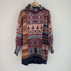 Free People Red and Tan Cowl Neck Sweater with Geometric Patterns